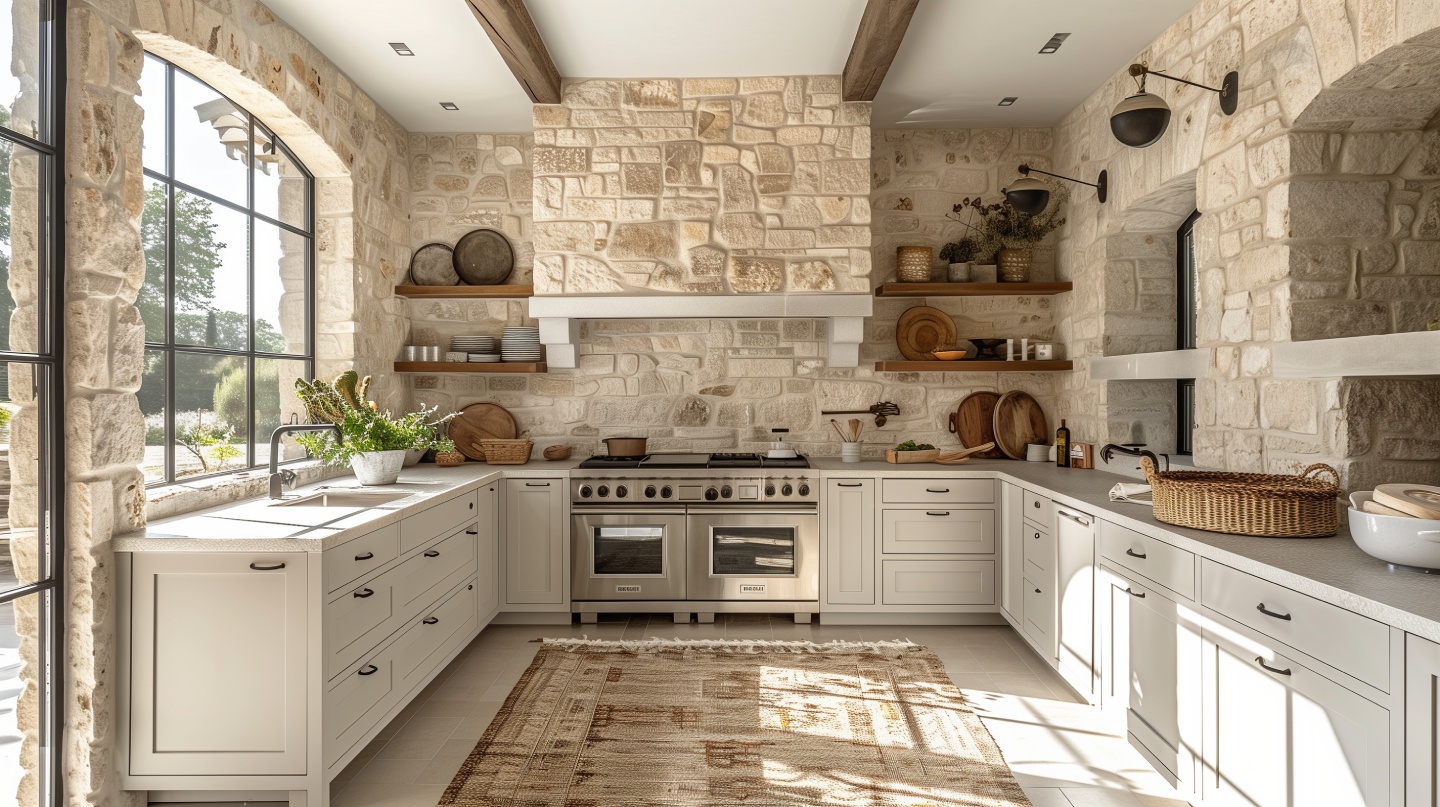 Cuisine rustique lumineuse aux murs en pierre, poutres en bois et cuisinière inox