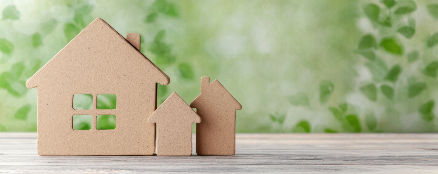 Trois silhouettes de maisons en bois, concept immobilier et diagnostic habitat