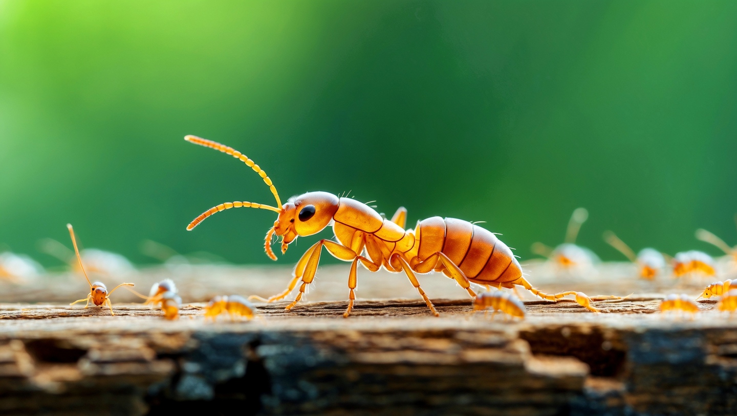 Insecte orange en gros plan sur du bois, illustration du diagnostic termites immobilier